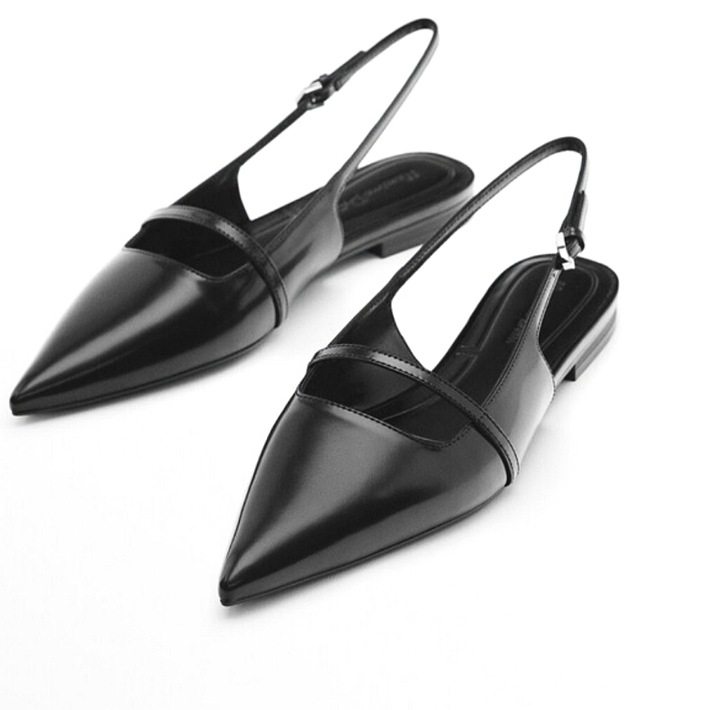 NWT Massimo Dutti Black Leather Slingback Ballet Slippers Size 8 EU 39